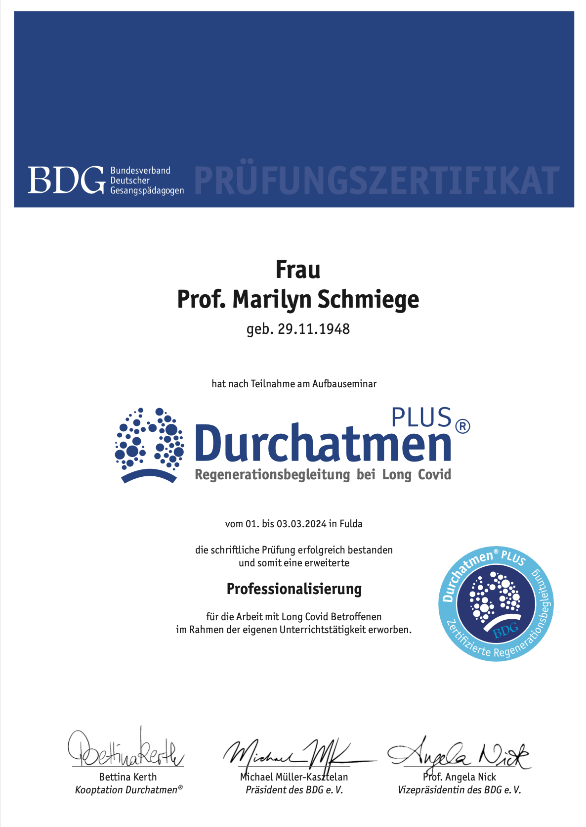 DurchatmenPLUS Zertifikat - Marilyn Schmiege